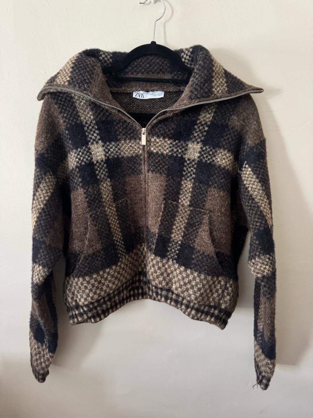 Zara Brown and Black Plaid Knit Zip Jacket